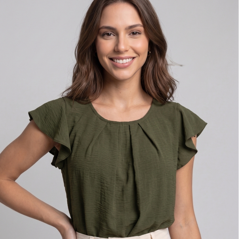 Onlyone - Blusa Feminina Tecido Dunas Babados nas Mangas Decote Redondo Caimento Solto Casual Elegante Confortável Moda