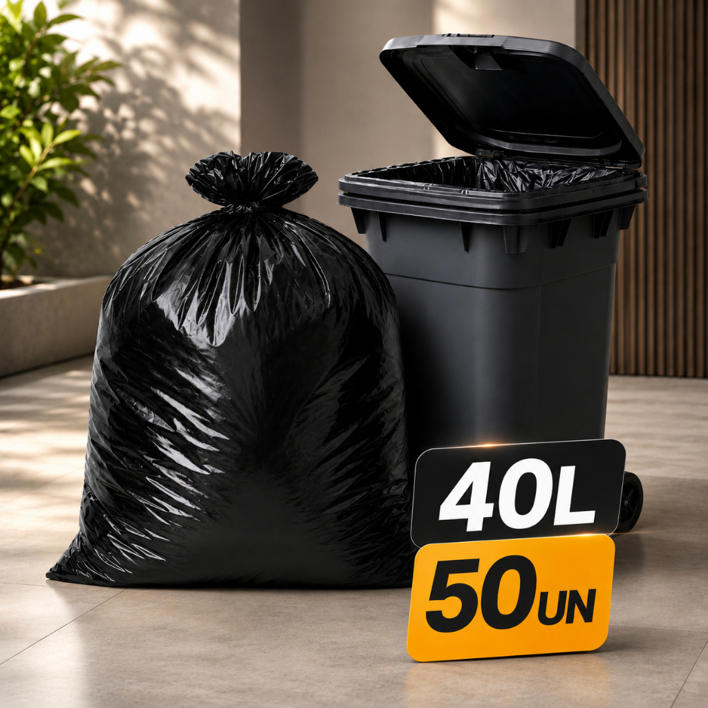 Saco de Lixo 40 Litros Preto com 50 Unidades Resistente para Cozinha