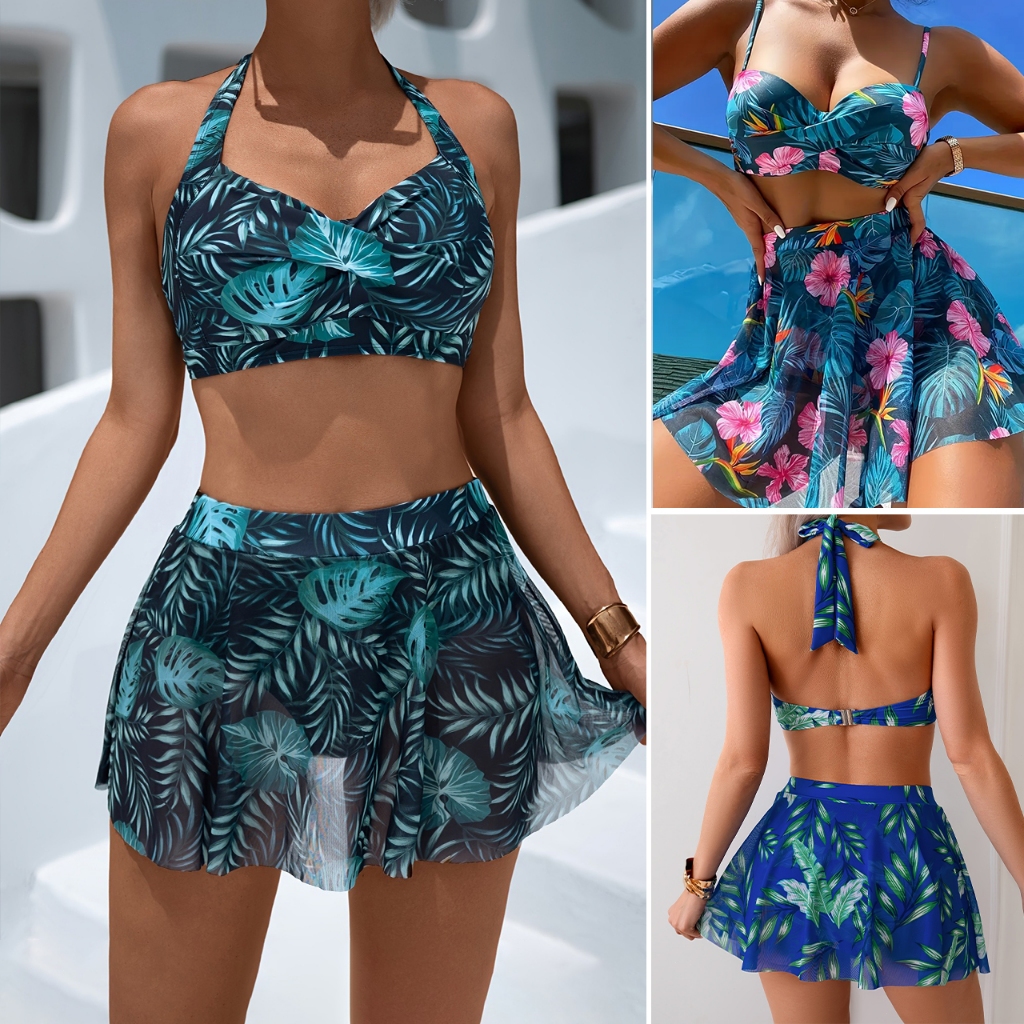 Biquíni 2 Peças com Saia de Praia Top com Bojo e Estampa Tropical Conjunto de Verão