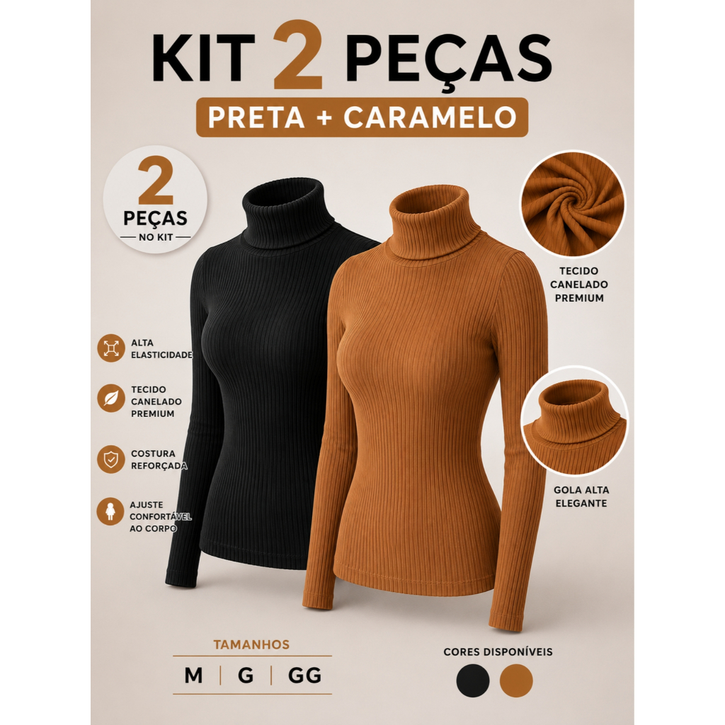 Kit 2 Blusas Cacharrel Gola Alta Canelada Feminina Manga Longa Inverno Segunda Pele Premium