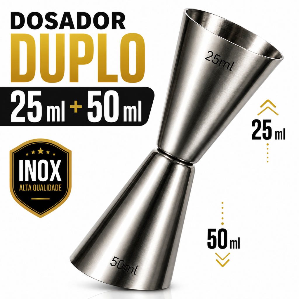 Dosador Duplo Inox Profissional 25ml/50ml | Medidor de Dose para Bebidas para Drinks e Coquetéis