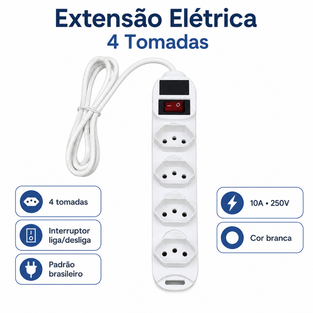 Filtro de Linha 4 Tomadas 10A com Interruptor e Fusível de Proteção