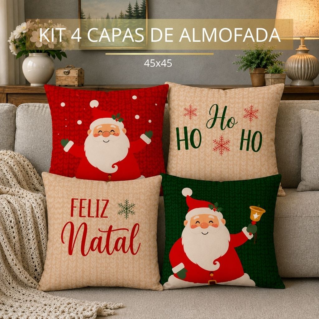 NATAL! Kit com 4 Capas para Almofadas Decorativas Natal Papai Noel Ho Ho Ho 45x45