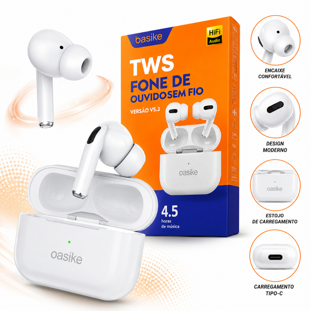 Fone de Ouvido Bluetooth TWS com Cancelamento de Ruído Basike