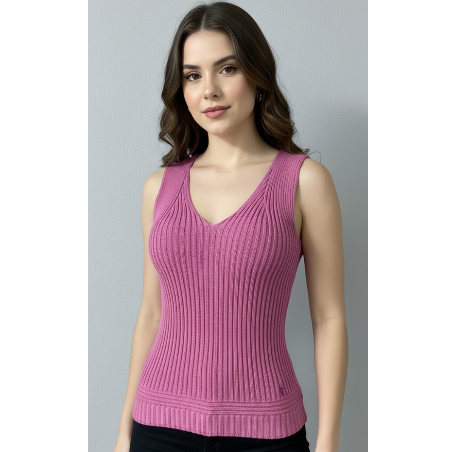 Regatinha Cropped Blusinha Fermina de Tricot Regata de Alça Canelada Lisa Modal Tendencia Verão
