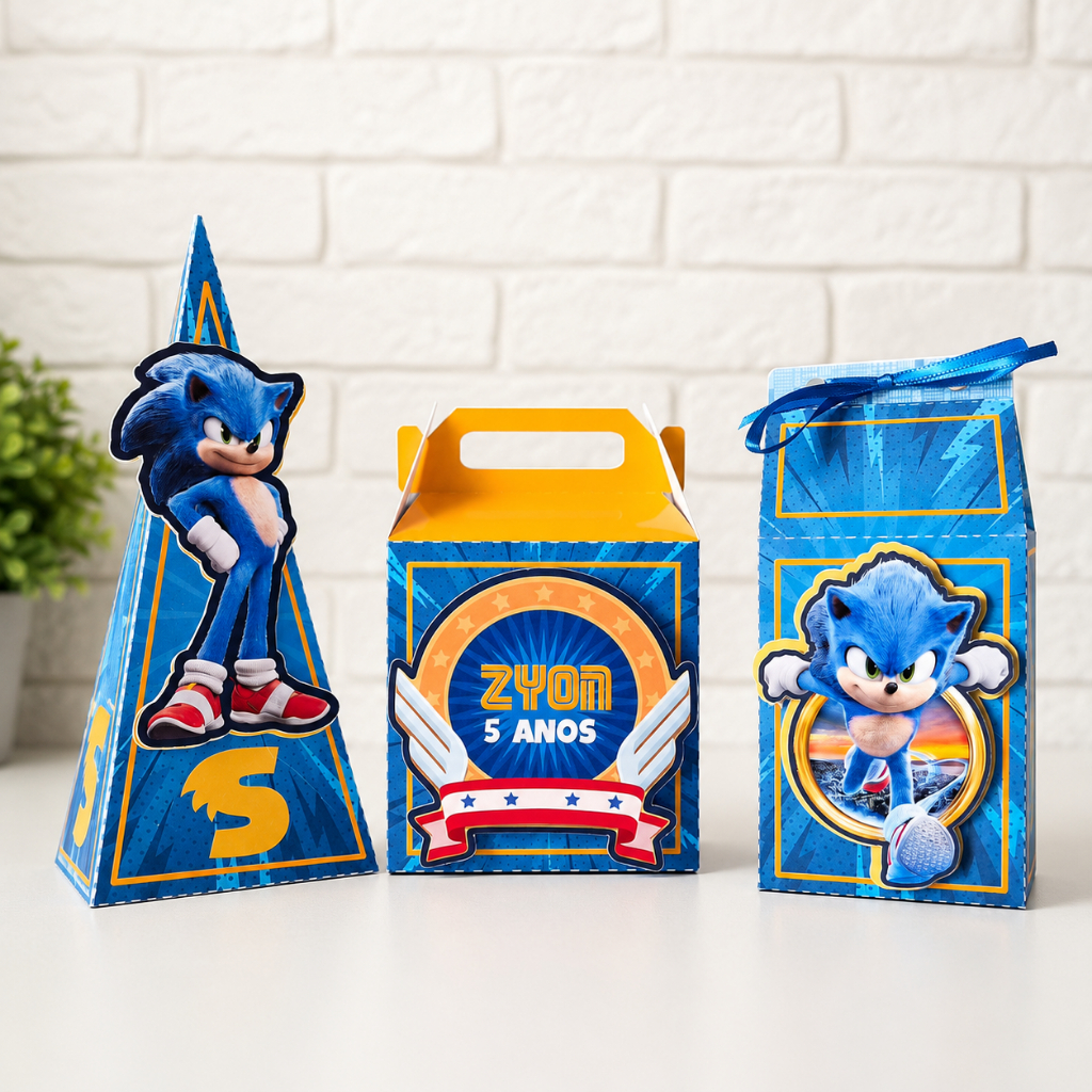 KIT de Caixinhas SONIC Personalizadas Premium | Lembrancinha Festa Infantil | Aplique 3D | PEGUE E MONTE