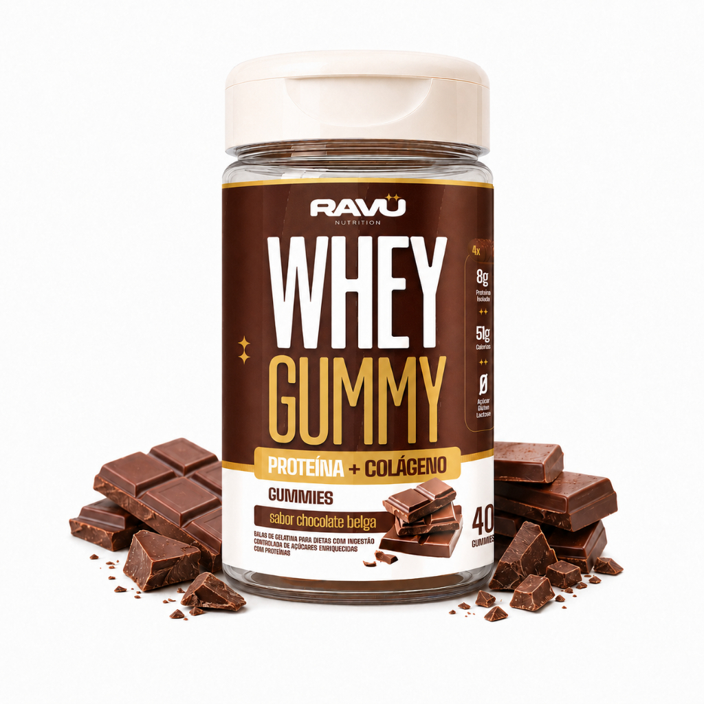 Whey Protein Gummy Ravu Chocolate Belga 40 Gomas | 80g de Proteína no Pote, 2g por Unidade, Zero Açúcar