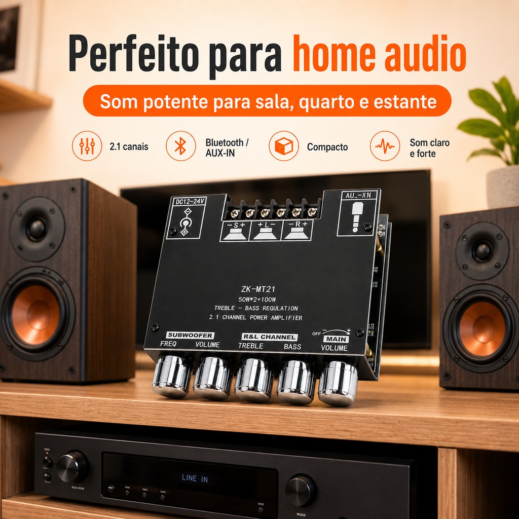 Amplificador Estéreo 2.1 ZK-MT21 - Bluetooth 5.0, 100W RMS, Grave/Agudo, Home Theater