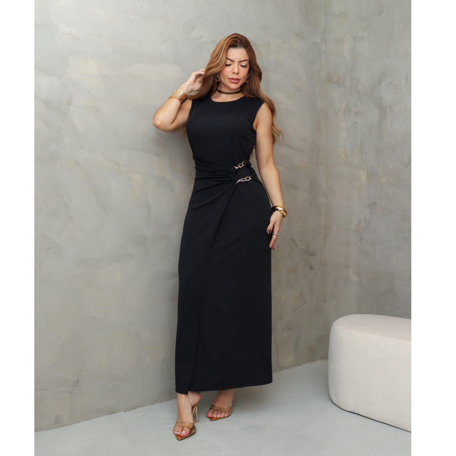 Vestido Longo Feminino Manga Curta Malha Drapeado com Corrente Elegante SD4055