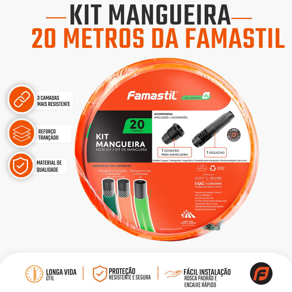 Mangueira Jardim Trançada Famastil 20m Esguicho e Conector 1/2