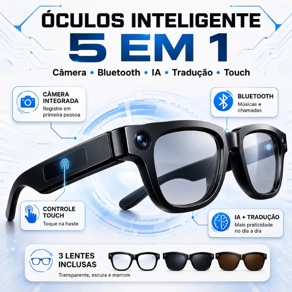 AI Óculos Inteligente Com Câmera 13MP Bluetooth Grava Video E Foto Tradução Ia Musica 3 Lentes META