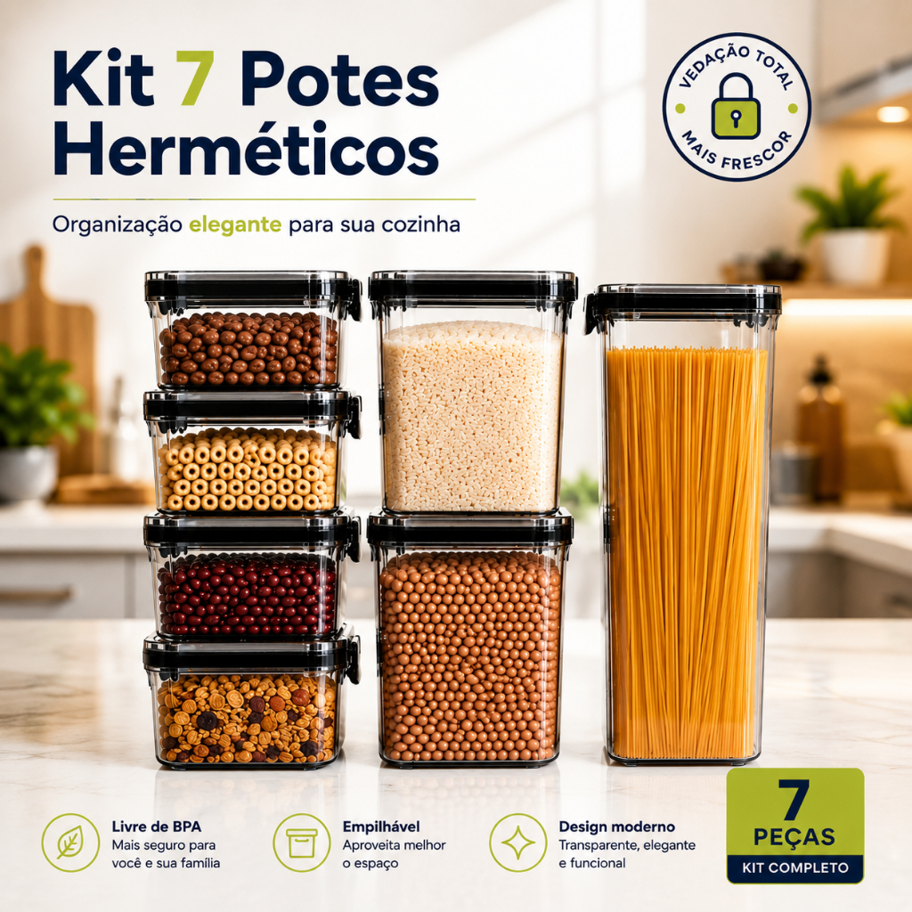Vittak Kit 7 Potes Herméticos Acrílico Transparente Vedação Total Organizadores Empilháveis Para Mantimentos Cozinha