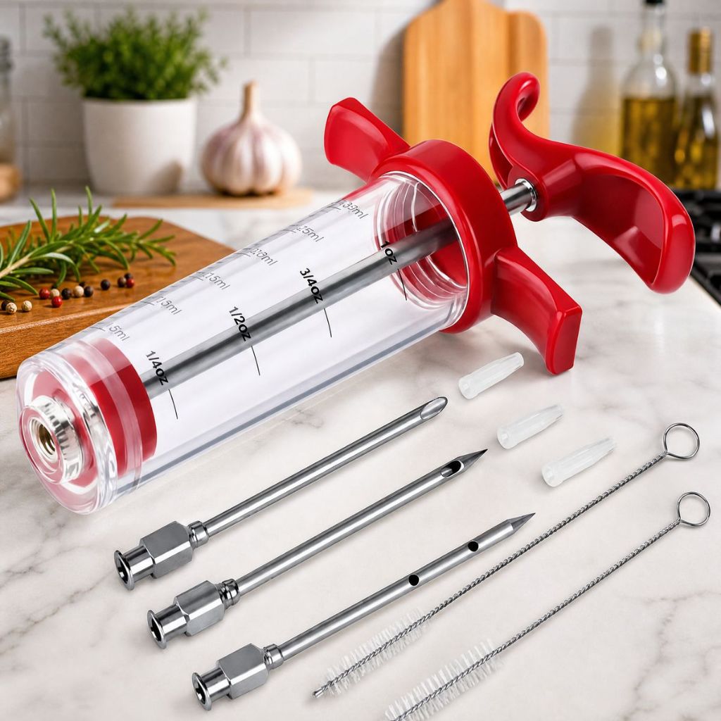 Kit de seringa injetora de carne de peru com 3 agulhas de marinada para churrasqueira e defumador 2 escova de limpeza