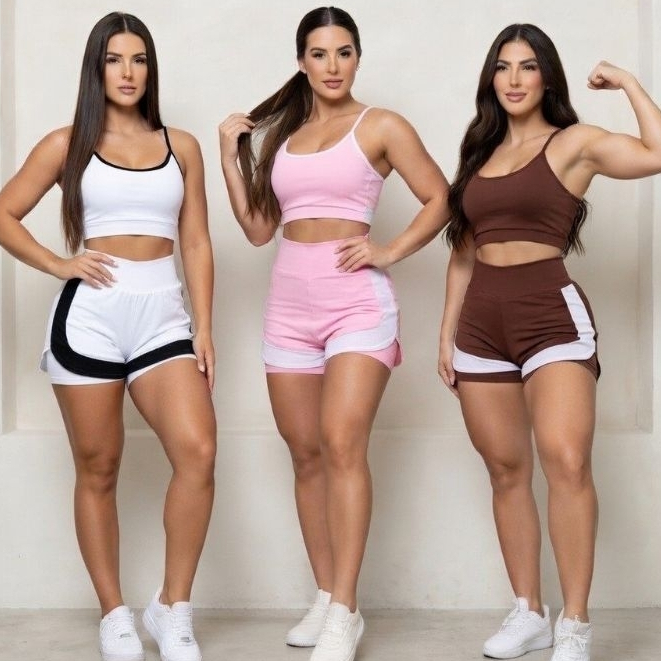Conjunto Corrida Short Duplo Feminino 2 em 1 Academia Cintura Alta Modela Zero Transparencia Academia