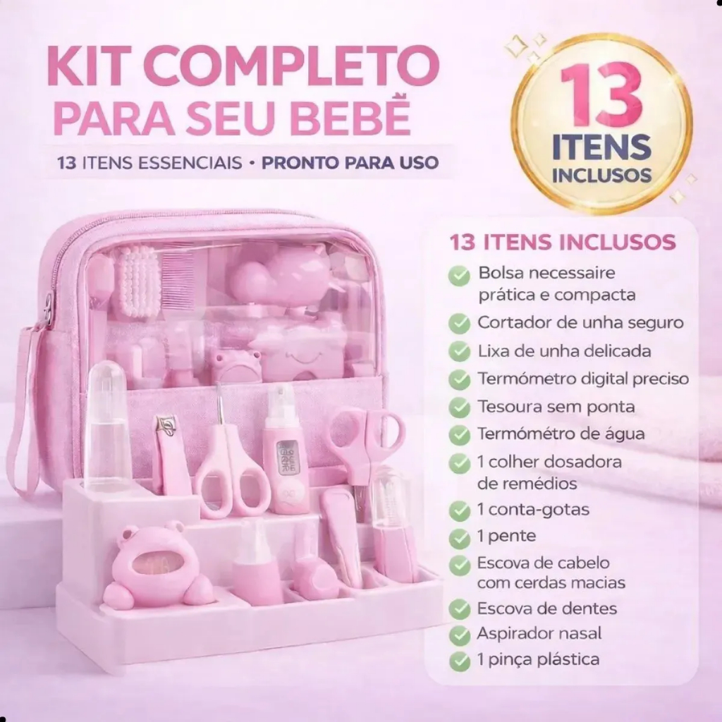 Kit Higiene Bebê 13 Peças Completo Recém Nascido Com Estojo Escova Pente Tesoura Cortador Cuidados Infantil Enxoval Rosa