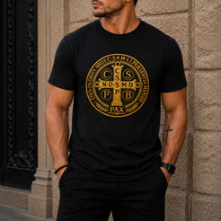 Camiseta Medalhão São Bento Masculina Algodão Premium Estampa DTF Católica Casual Confortável