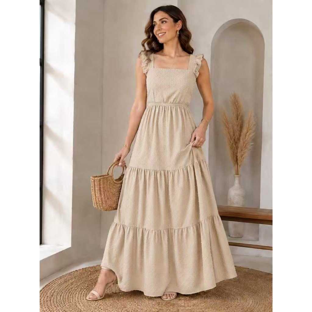 Vestido longo com Alça de e Bojo com forrdo de Babado primavera verã0 2024