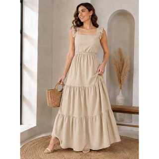 Vestido longo com Alça de e Bojo com forrdo de Babado primavera verã0 2024