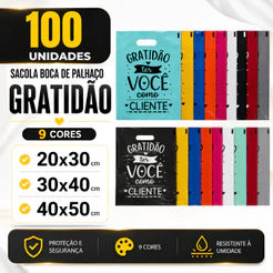 Kit 100 Sacola Boca de Palhaço 20x30 30x40 40x50 Gratidão Sacolinha para Lojas Frases Personalizadas