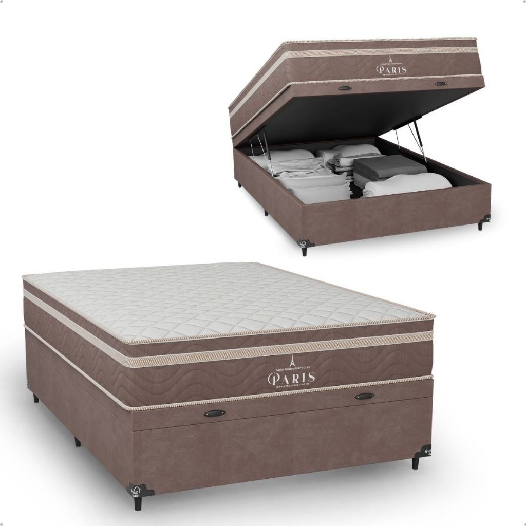 Cama Box Baú Casal + Colchão Paris Molas Ensacadas - Suede Marrom - e-Shop Casa