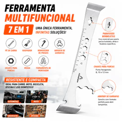 Ferramenta Multifuncional 7 em 1 em Aço Inox – Pé de Cabra, Raspador, Abridor de Garrafas, Chaves 8/10/12 mm e Régua
