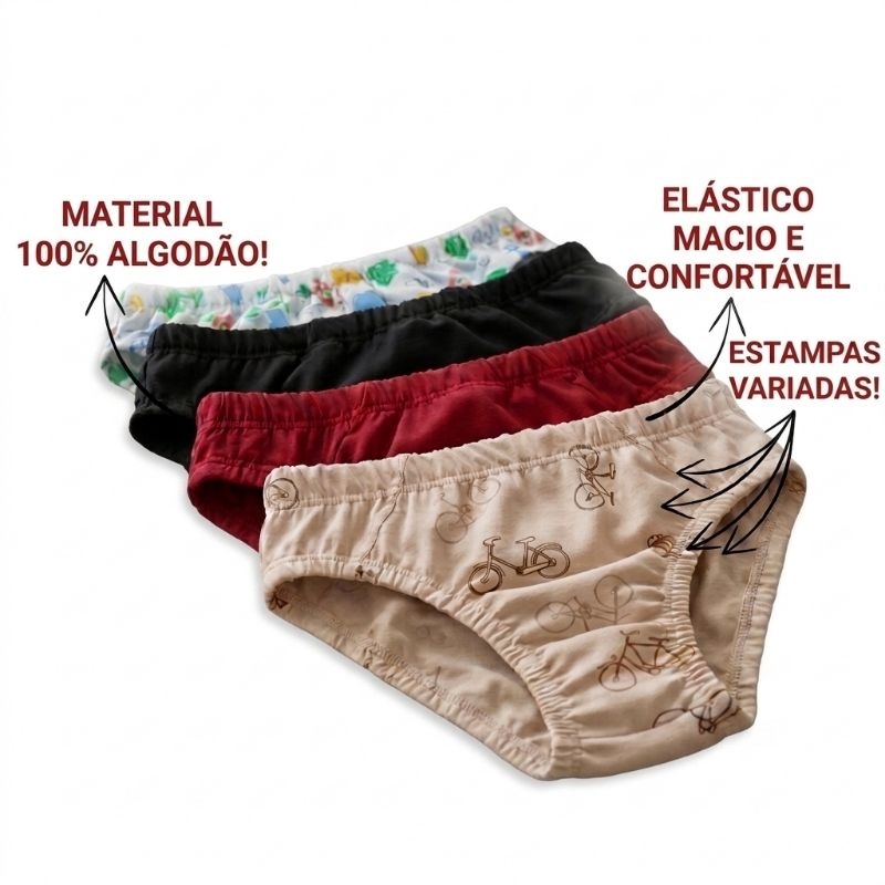 kit 5 cuecas infantil/ 100% Algodão/ Malha Premium/ Estampas sortidas.