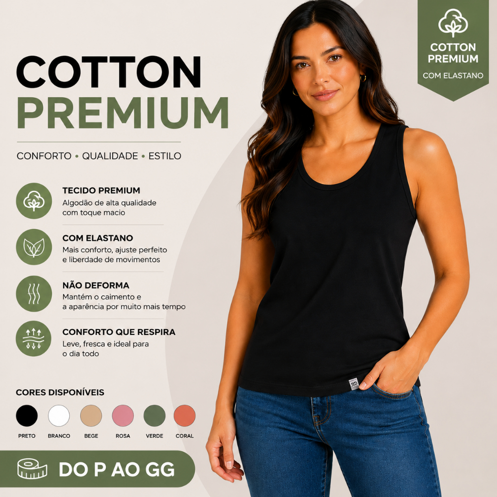 Regata Feminina Cotton Premium Elastano Academia Básica Confortável Casual Fitness Verão 25617-C2