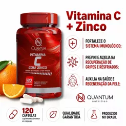 1-3 Frascos Vitamina C e Zinco 60 / 120Caps Auxilia na melhora da Imunidade Quantum Nutrition