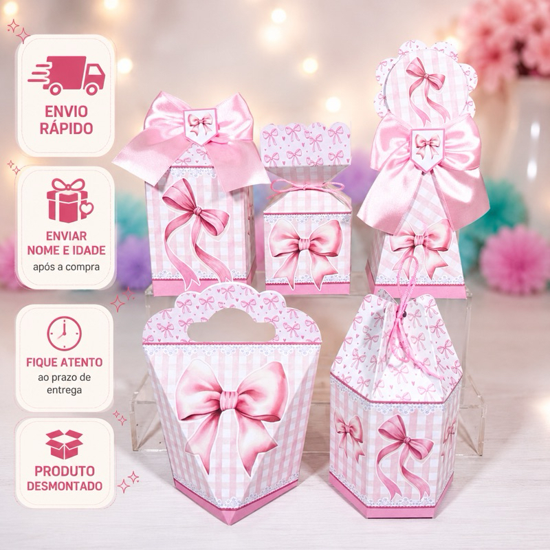 kit Caixinhas Personalizadas para Festa LAÇOS ROSA Lembrancinhas de Aniversário DESMONTADO.