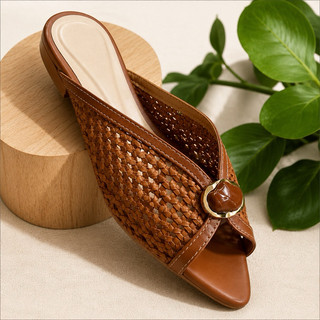 Mule Feminino Trançado Caramelo Bico Fino Elegante Casual Confortável com Fivela