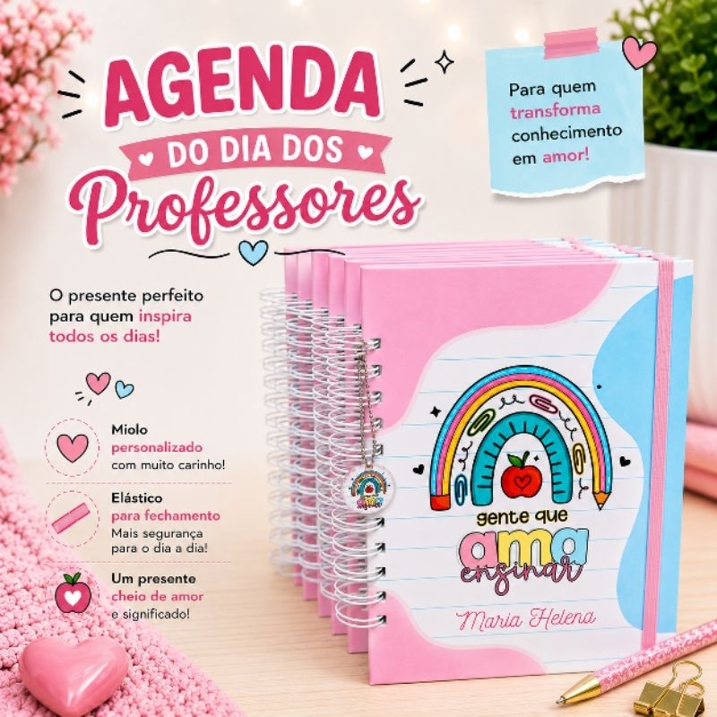 ENVIO RÁPIDO - Agenda Permanente  Personalizada Caderno A5 Capa Dura com Nome Wire-O Presente Dia dos Professores