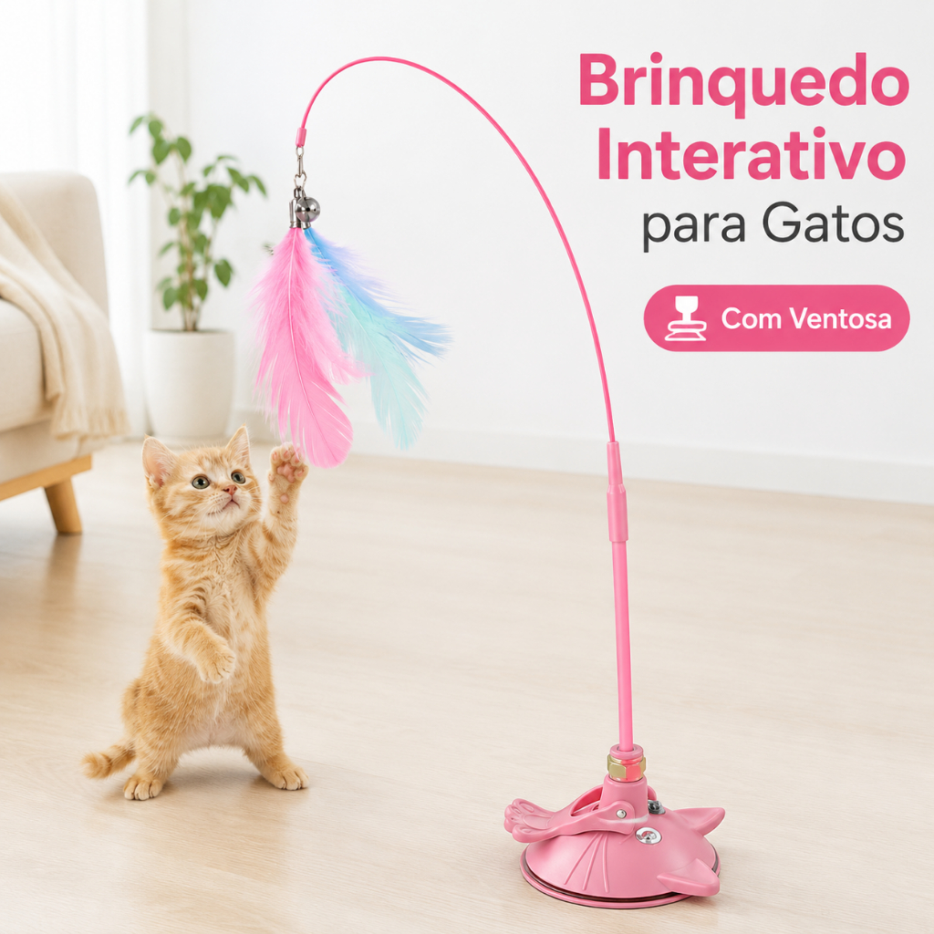 Brinquedo Interativo para Gatos com Ventosa e Pena – Haste Flexível 4 Cores