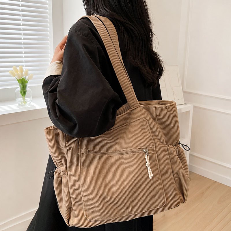Bolsa transversal de veludo cotelê, grande capacidade, vários bolsos, leve, fecho de zíper