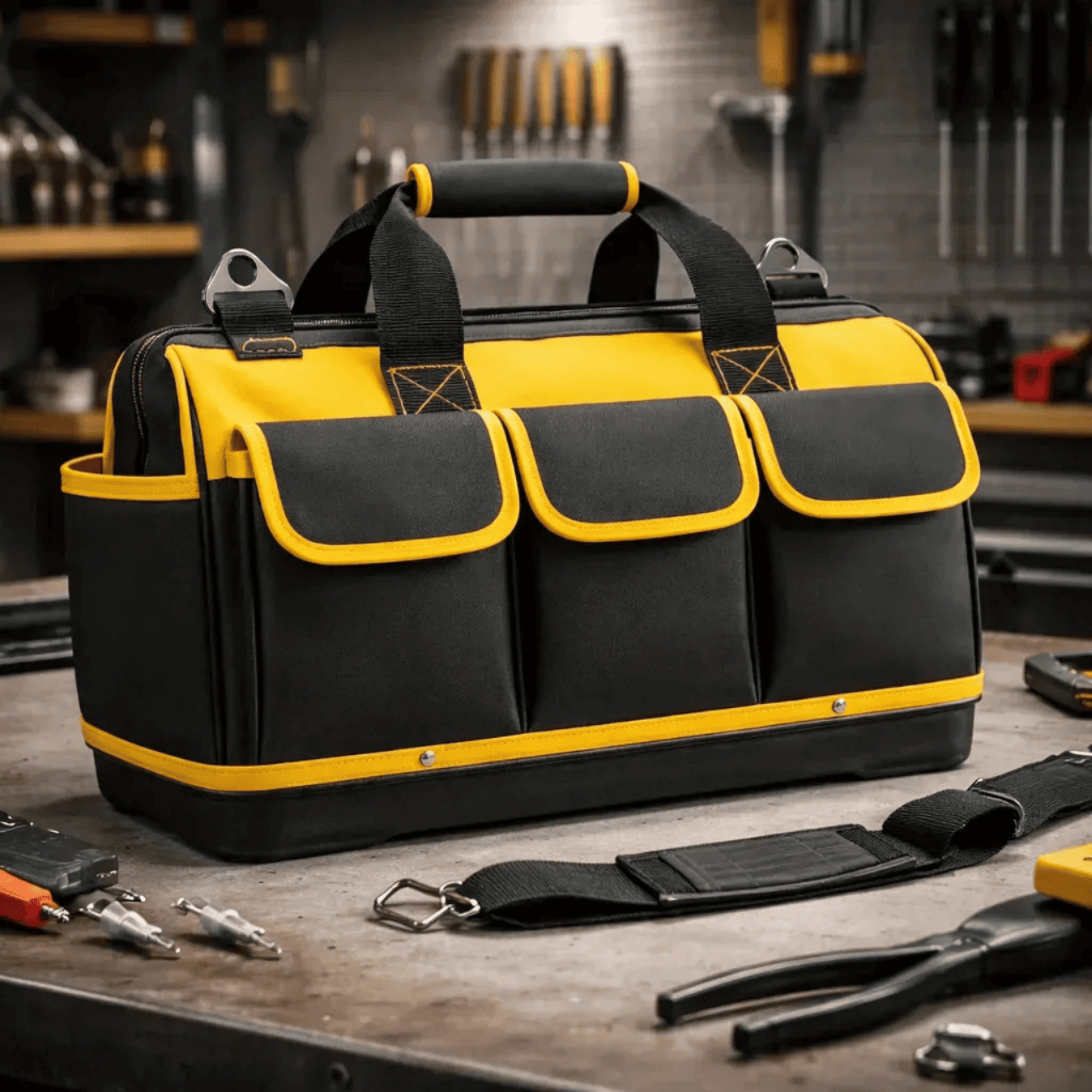 Bolsa Para Ferramentas Reforçada 16 Bolsos Fundo Rígido Preto E Amarelo