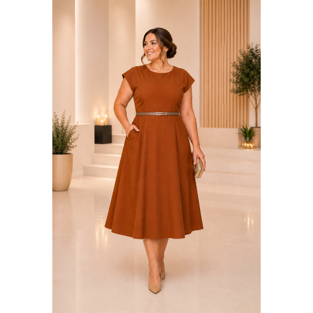 Vestido para festa Femenina Plus size com cinto Moda Evangelica G ao G2