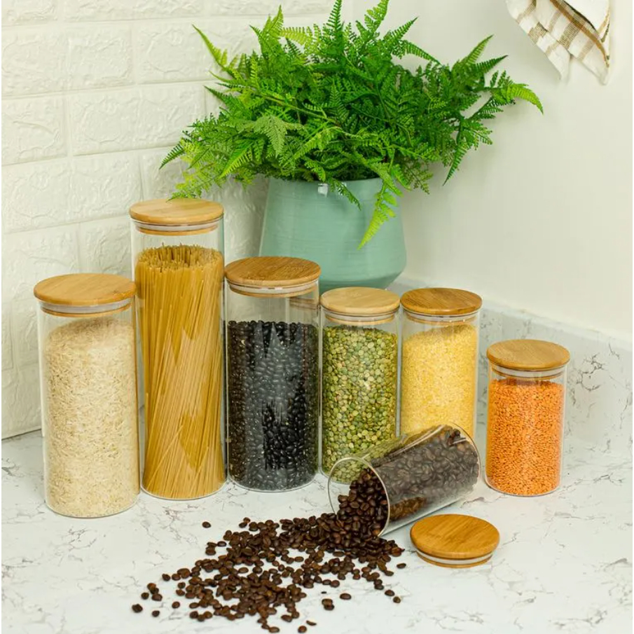 Kit 5 ou 11 Potes de Vidro Hermético Tampa de Bambu Porta Mantimentos