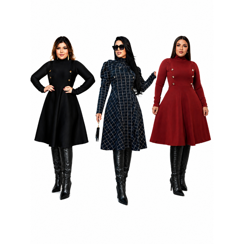 Vestidos Evangélicos Plus Size Manga Longa Gola Alta Botões Moderno Luxo Estilo Sobretudo Godê