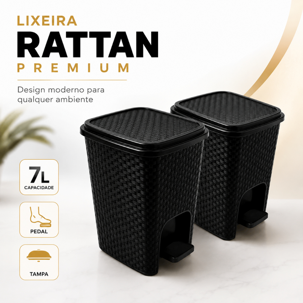 Kit 2 ou 1Lixeira Rattan 7L Pedal Tampa Preta Banheiro Cozinha Lavabo Escritório Premium