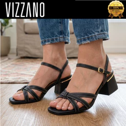 Sandália Vizzano Feminina Salto Bloco Confortável Amarração Nó Frontal Tiras Finas 6428162 Original