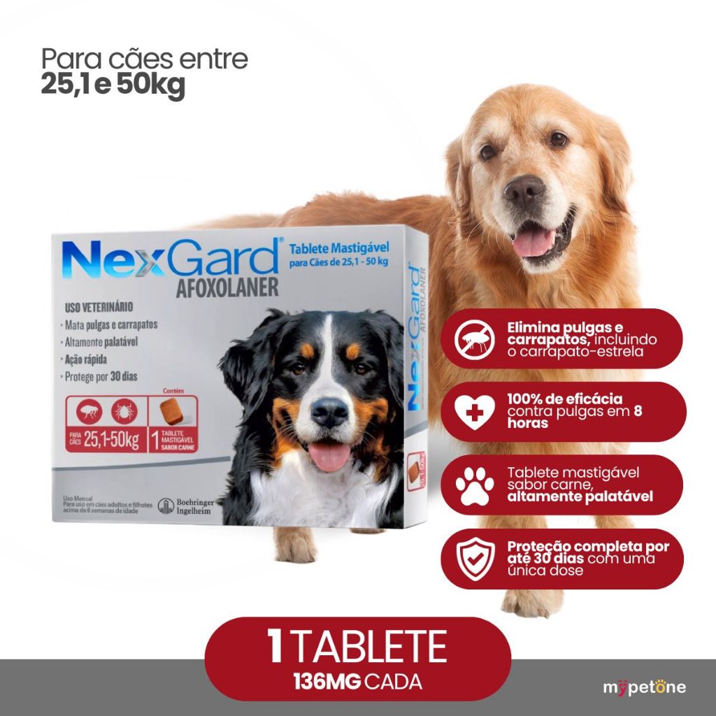 NexGard 136 mg para Cães de 25,1 a 50 Kg - 1 Tablete