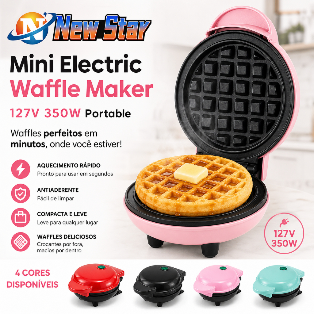 Máquina De Waffle Elétrica Mini 127V 350W Portátil