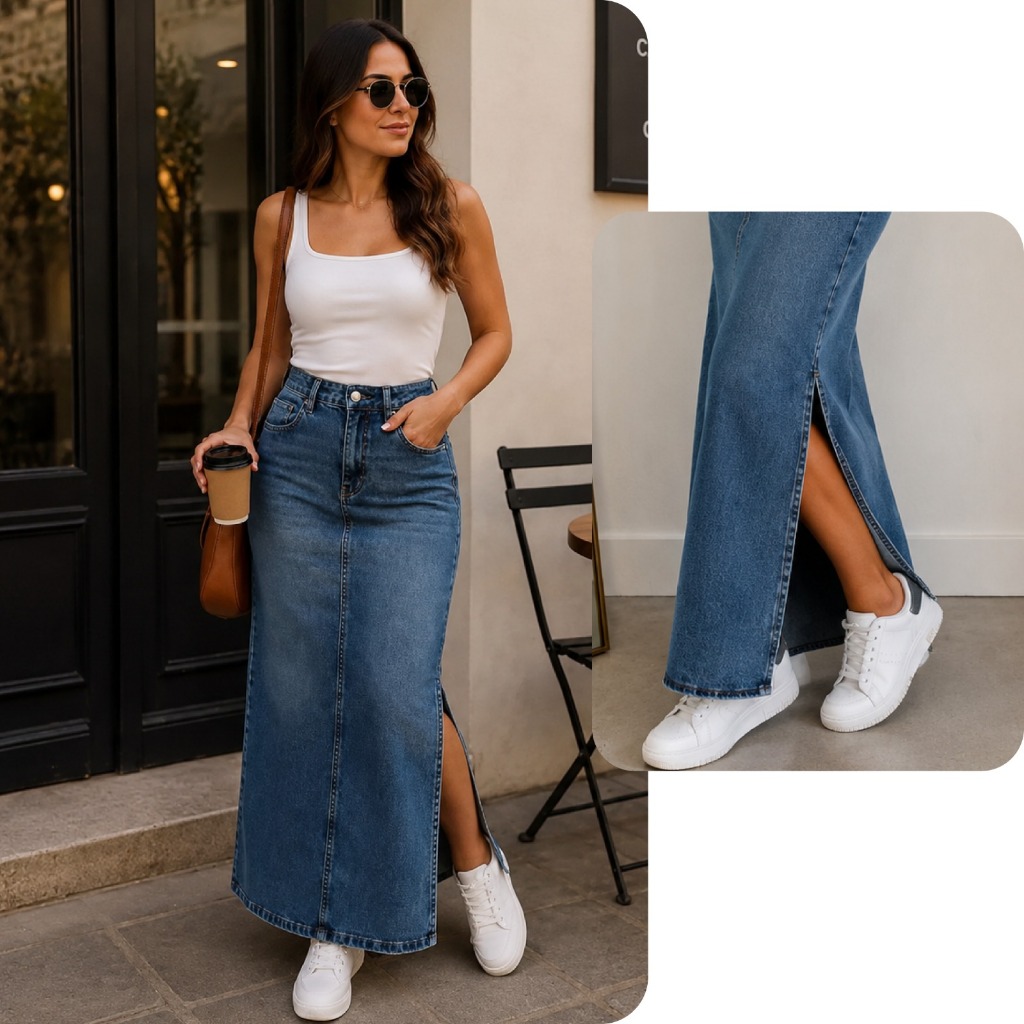 Saia Jeans Longa Feminina Com Fenda Lateral Cintura Alta Moda 2026 Moda Evangélica Casual