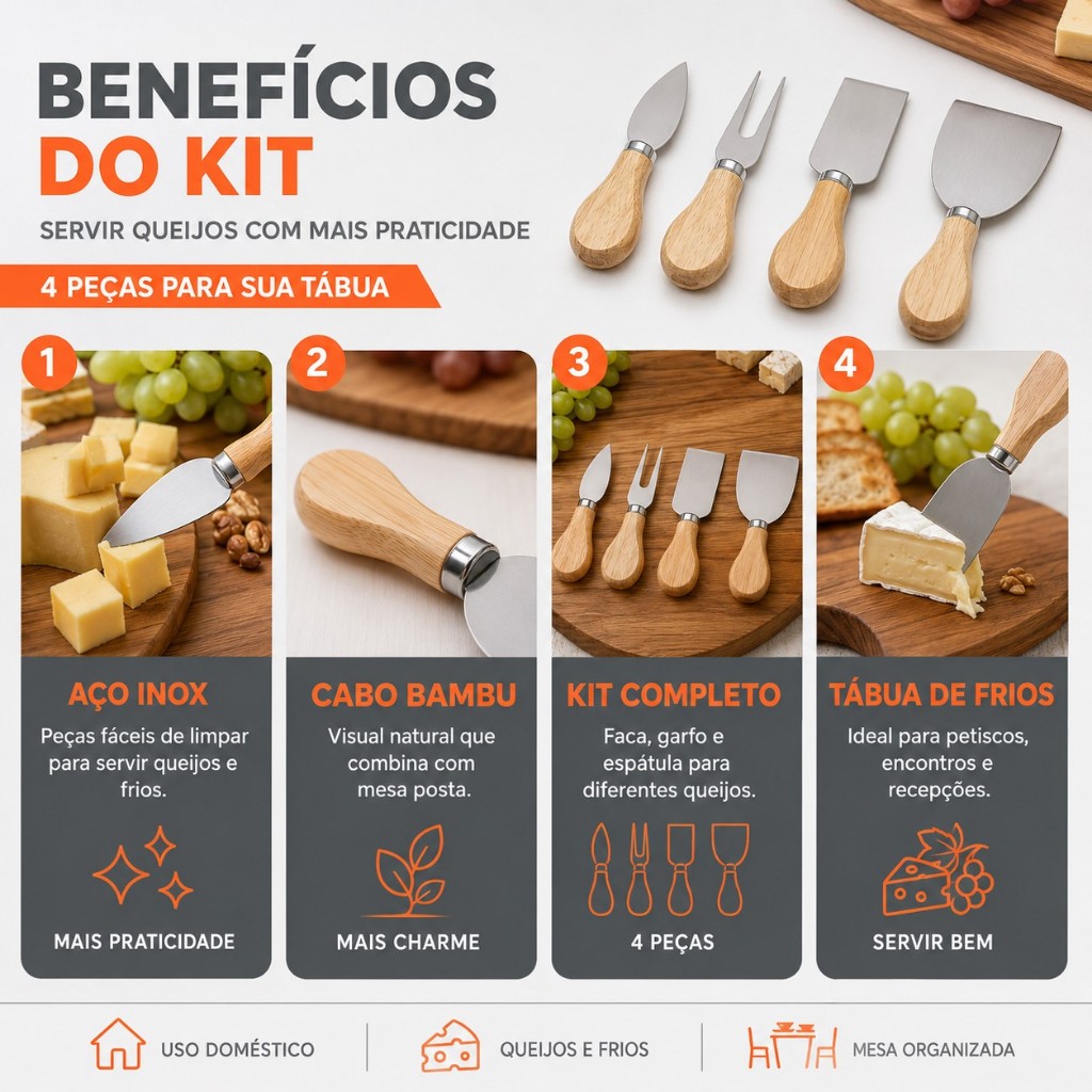 Kit Para Queijo E Frios 4 Peças Aço Inox E Cabo Bambu Conjunto Utensílios