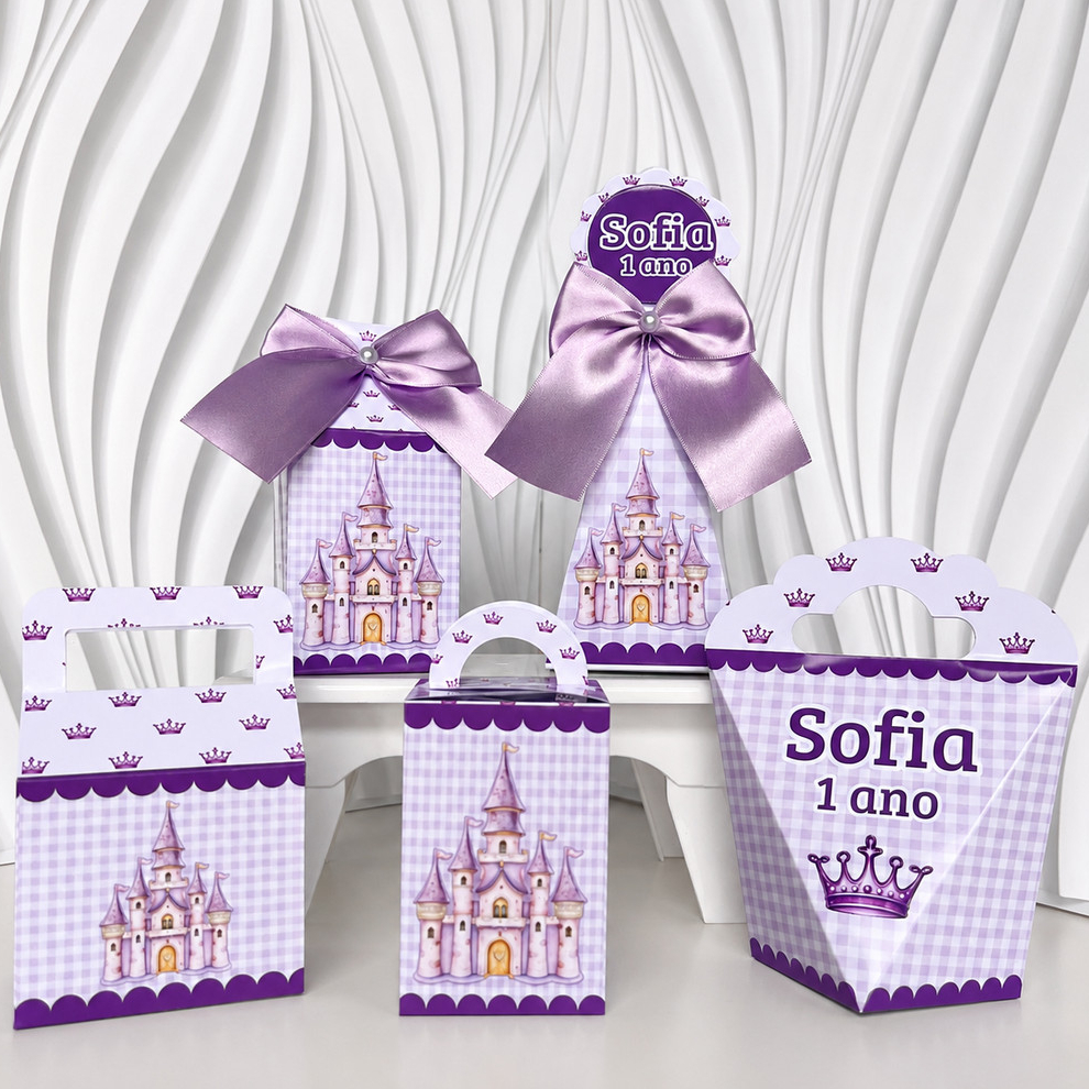Kit Caixas Castelo Encantado Personalizado | Princesa Lilás | Aniversário Infantil | Lembrancinha de festa