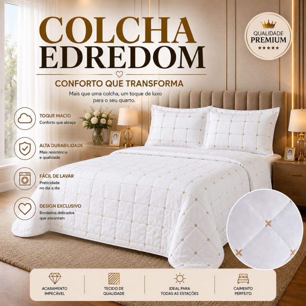 Colcha Edredom Bordado 3 Pecas Micro Percal 400 Fios Premium