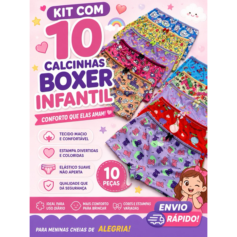 Kit 10 Calcinhas Boxer boxe Infantil de Microfibra com forro estampadas personagens