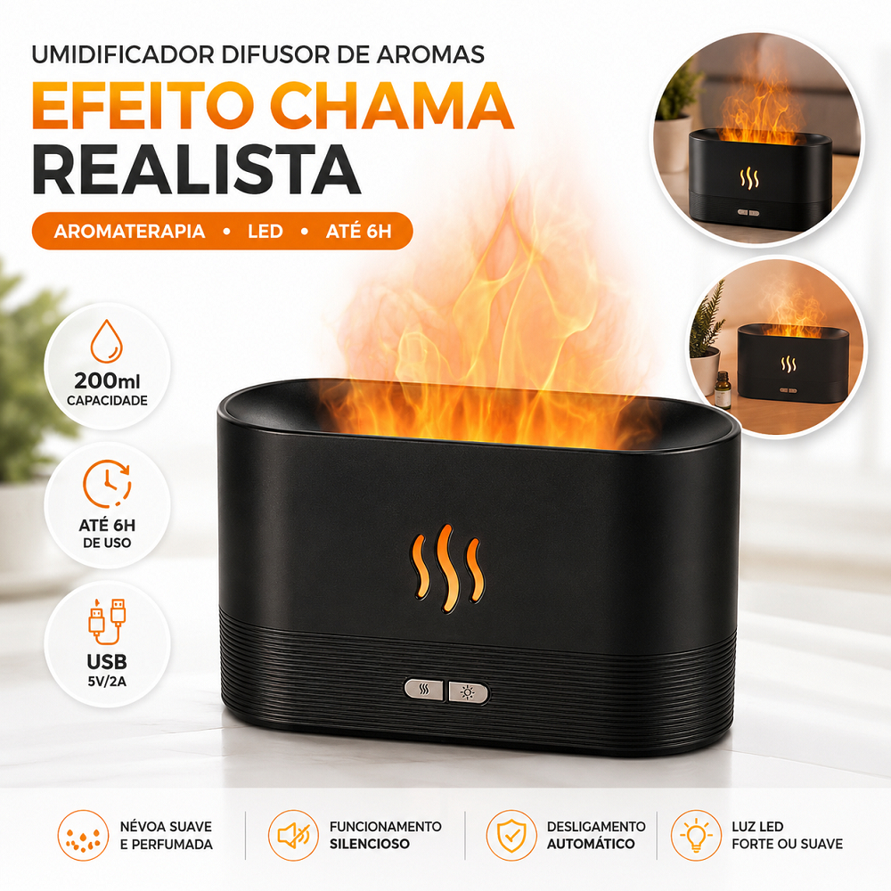 Umidificador Difusor Aromatizador de Ar LED Efeito Chama 200ml USB Ultrassônico Aromaterapia 6h Decorativo