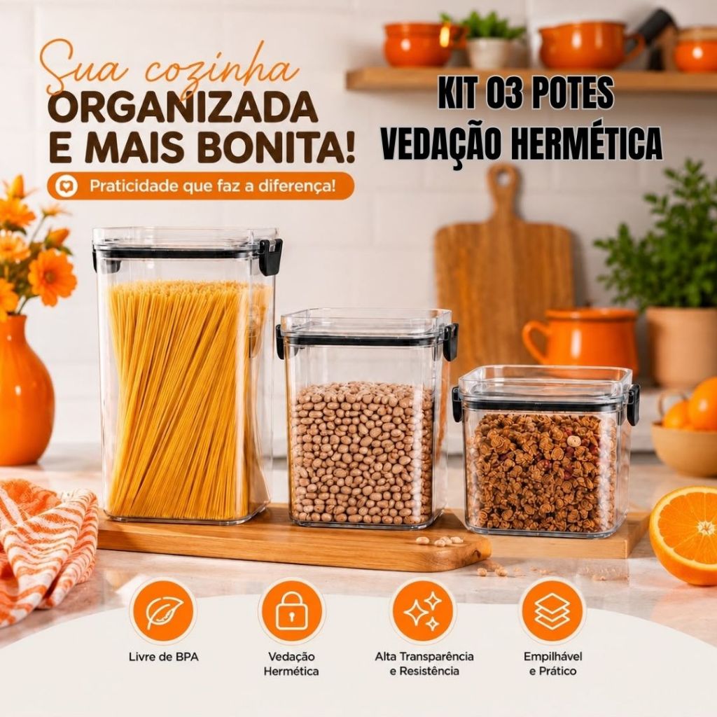 Kit 03 Potes Herméticos Acrílico Cozinha Com Vedação 1300ML 950ML  700ML  Organização Mantimentos Alimentos Transparente