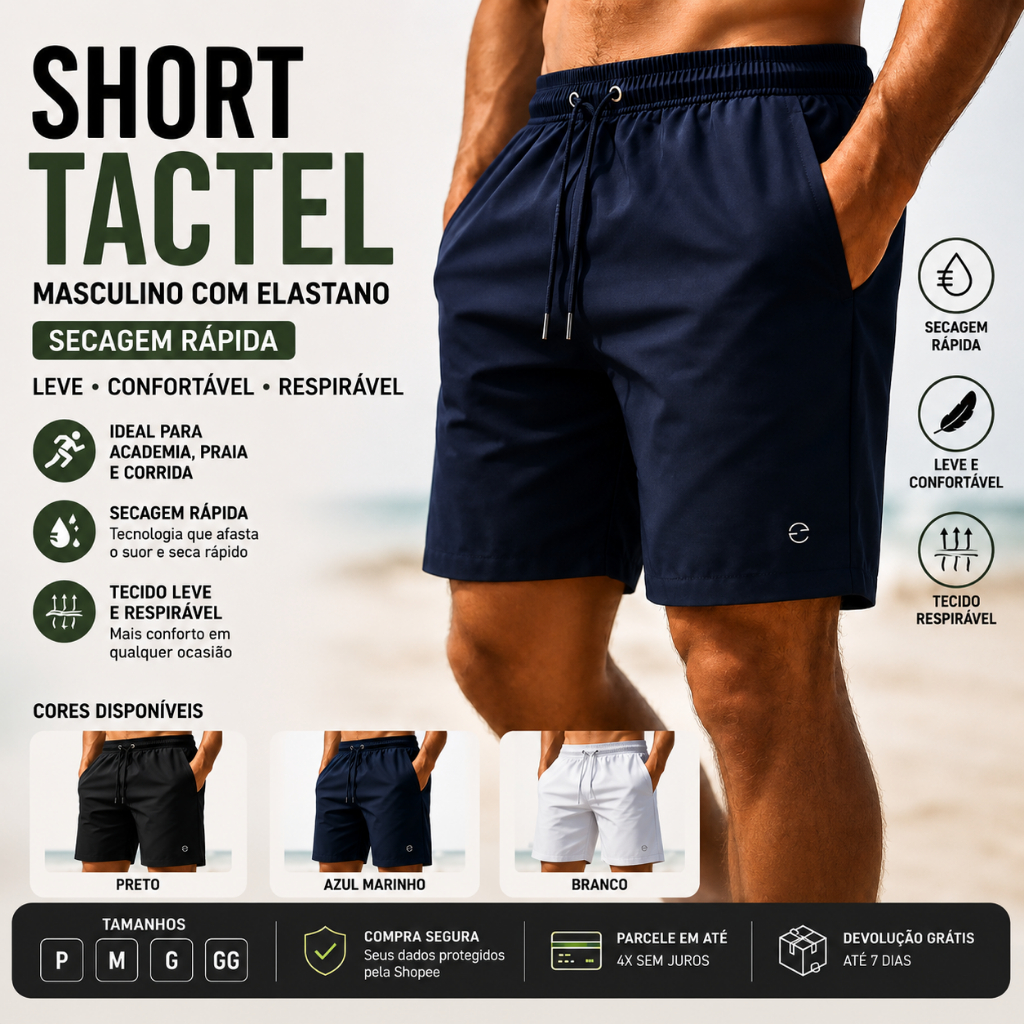 Short Tactel Masculino com Elastano Secagem Rápida Esporte Academia Praia Caminhada Envio Rápido