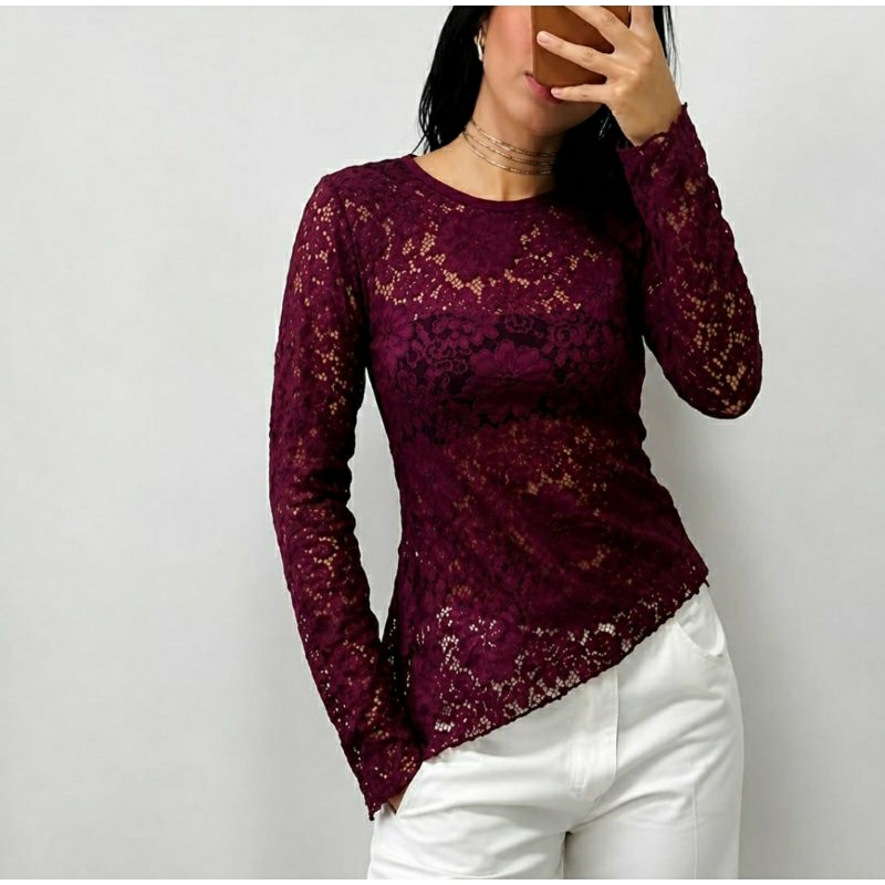 Blusa Feminina assimétrica de Renda Manga Longa Elegante Tendência 2026